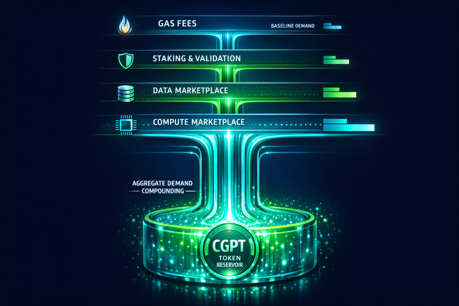 Anatomical diagram of five distinct CGPT demand sinks arranged by relative magnitude, showing how th