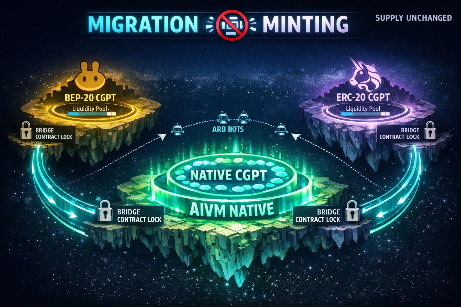 Flow diagram tracing CGPT token migration from BNB Chain and Ethereum into native AIVM through bridg