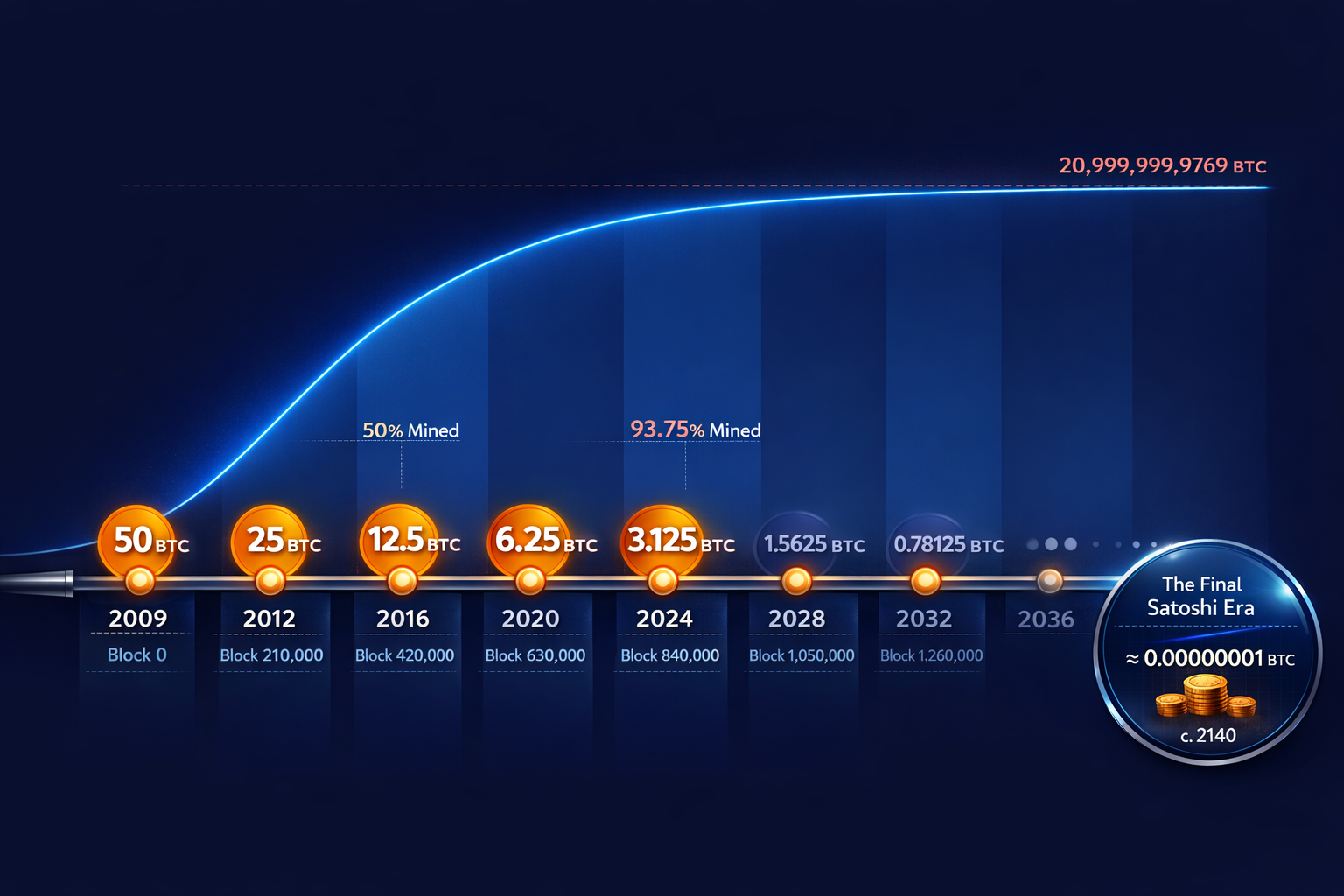 A timeline showing every halving epoch from 2009 to 2140, with exponentially decaying block subsidie