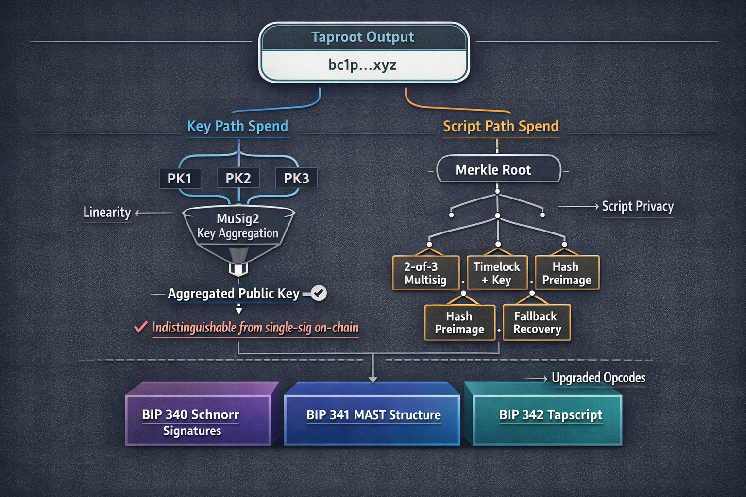 An anatomy diagram showing how Schnorr signatures, MAST, and Tapscript layer together in Taproot, in