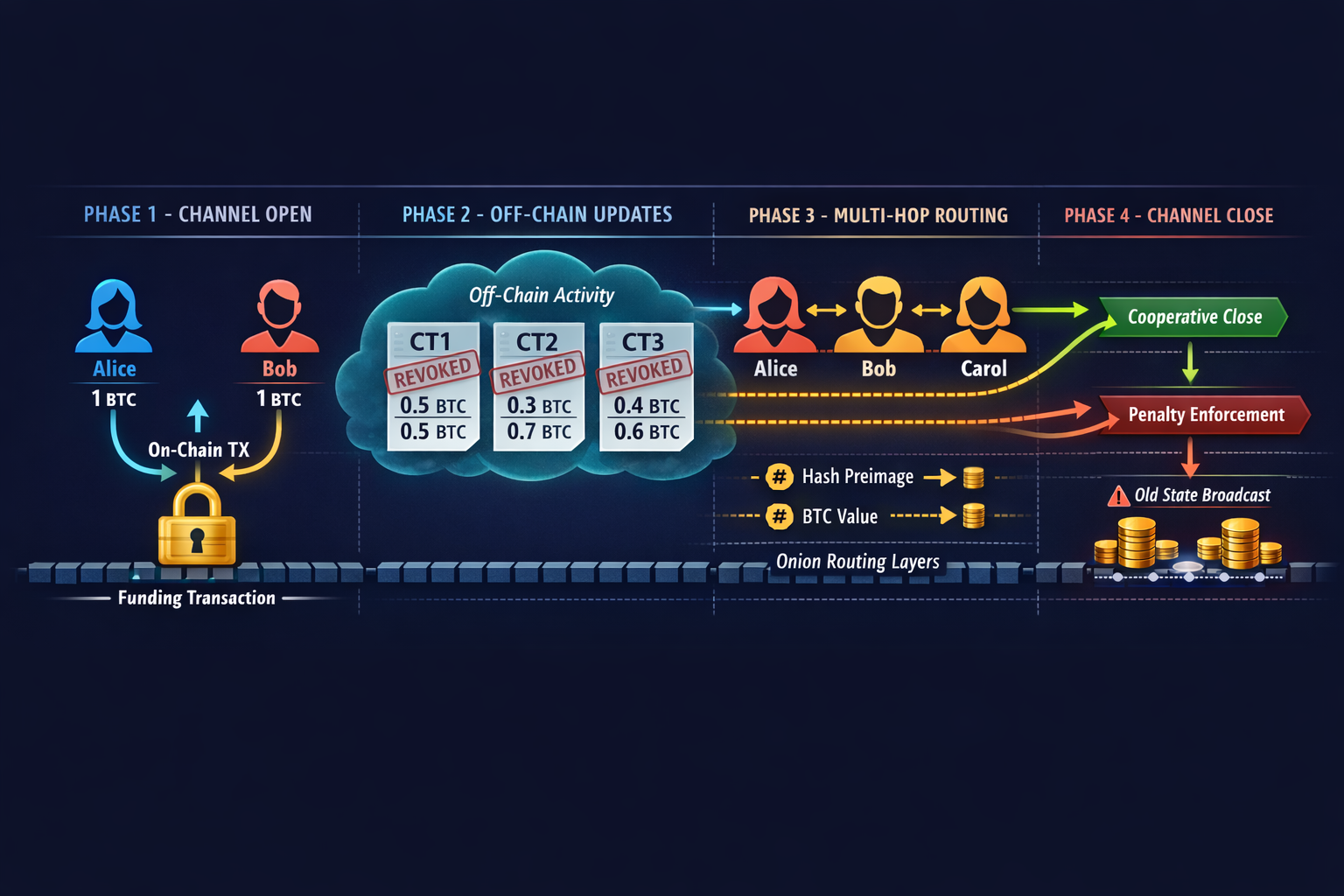 A flow diagram tracing the full lifecycle of a Lightning payment channel from onchain funding throug