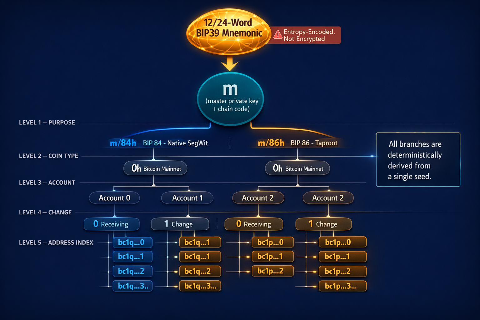 A hierarchy diagram showing the HD wallet derivation tree from a BIP39 seed mnemonic through purpose