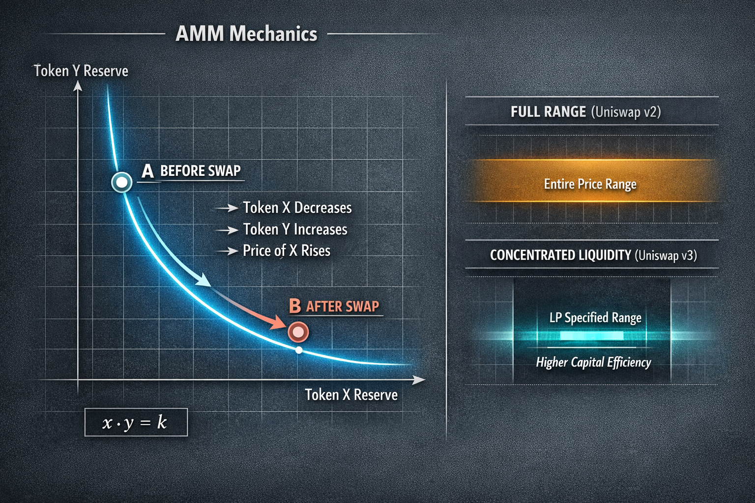An anatomy diagram of the constantproduct AMM curve x times y equals k showing how a swap shifts the