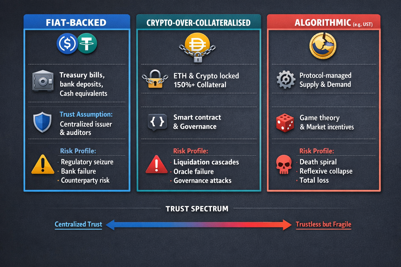 A threecolumn comparison layout contrasting fiatbacked, cryptoovercollateralised, and algorithmic st