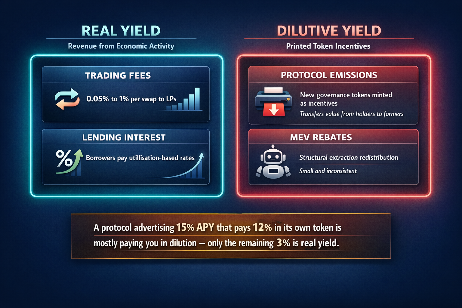 A sidebyside comparison distinguishing four DeFi yield sources  trading fees, lending interest, prot