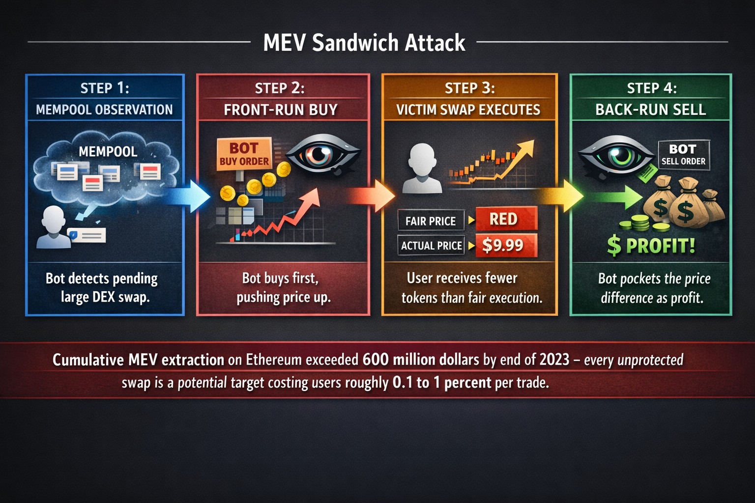 A stepbystep flow diagram of a sandwich attack showing mempool observation, frontrun buy, victim swa