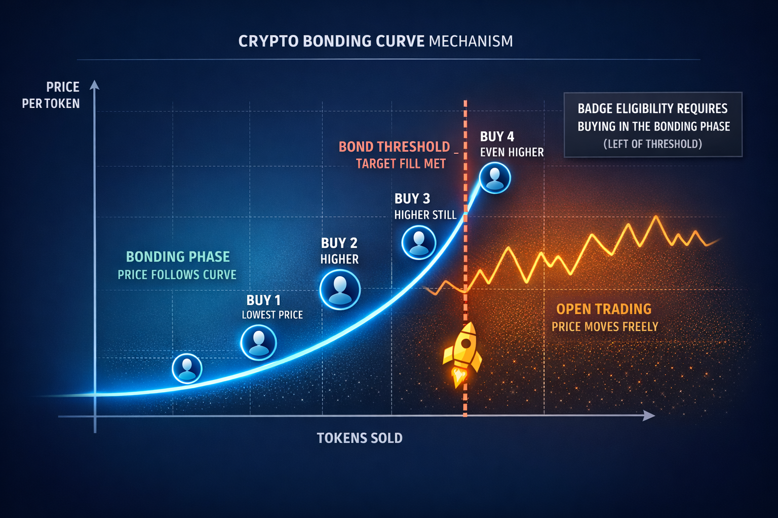 A pricevssupply bonding curve diagram showing how token price rises with each purchase until hitting
