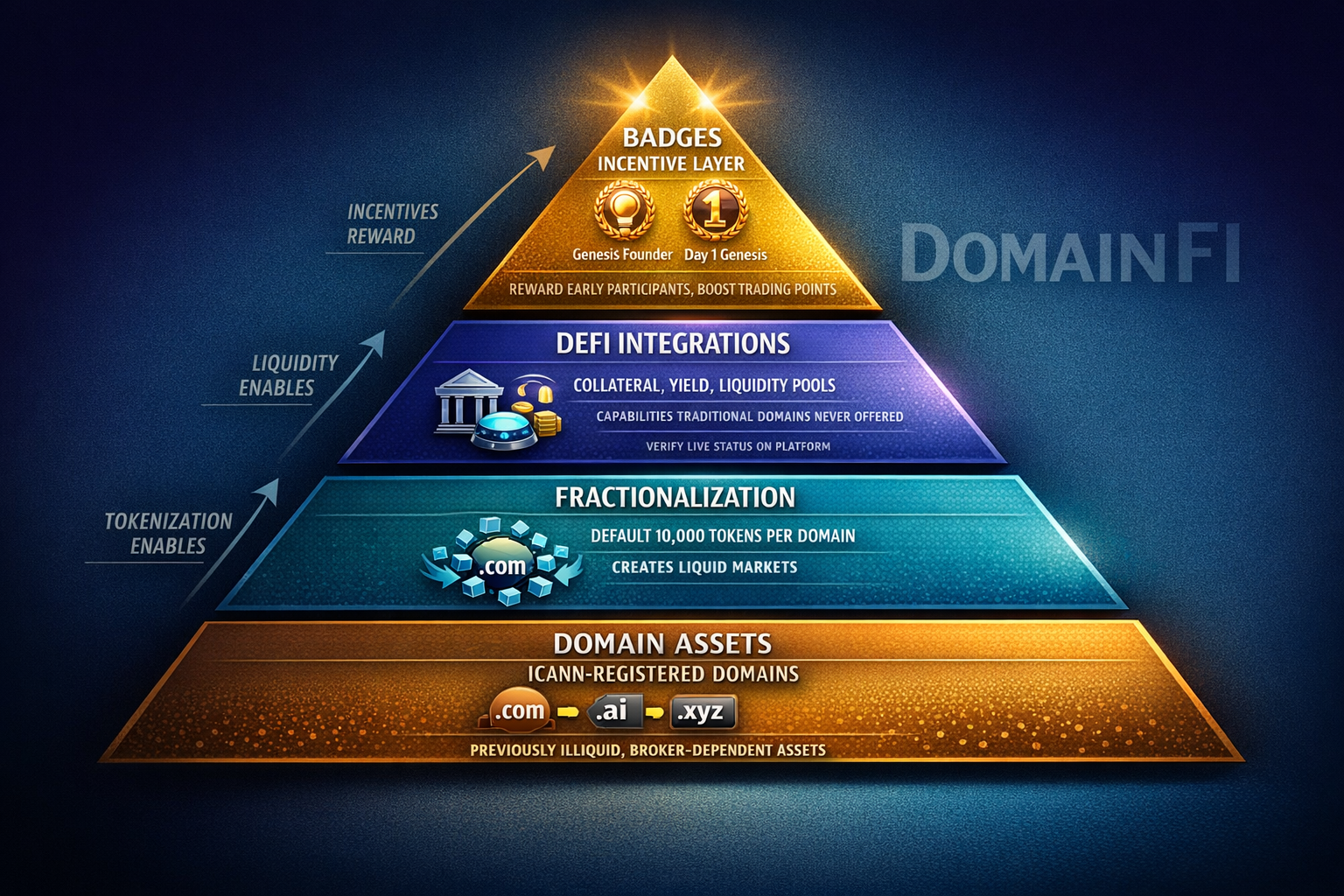 A hierarchical pyramid diagram showing domain assets at the base, fractionalization and DeFi in the