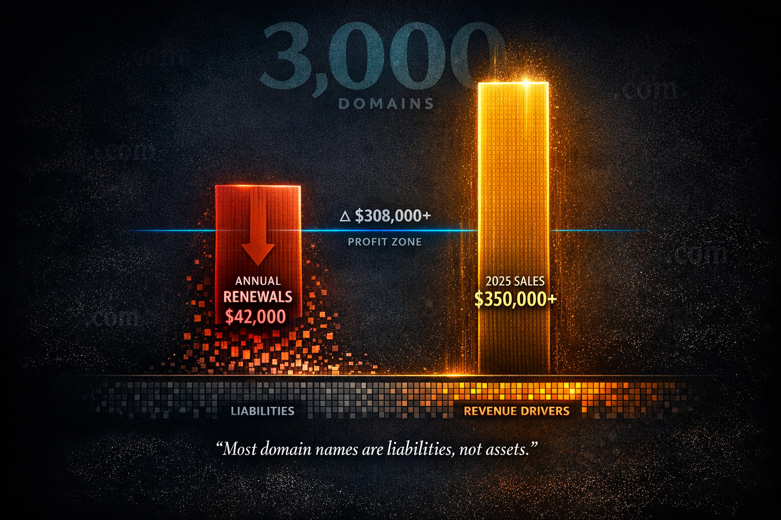 A dramatic data visualization contrasting 42K annual renewal costs against 350K sales revenue across