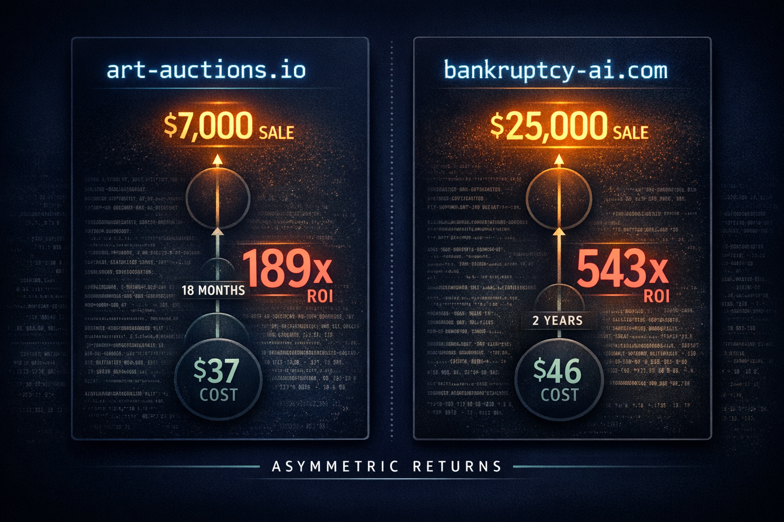 A sidebyside comparison of two landmark domain deals showing acquisition cost versus sale price with