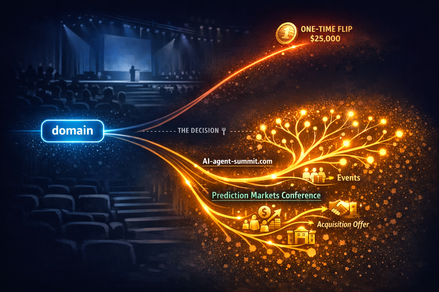 A conceptual forkintheroad illustration showing the choice between flipping a domain for quick profi