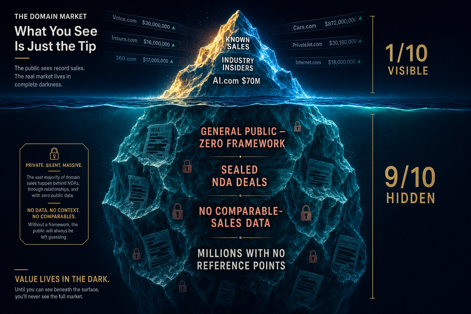 The domain market as an iceberg: a small visible market above the surface, a vast uninformed public below.