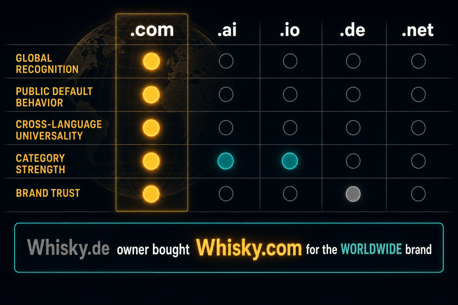Why .com still wins, compared against alternative extensions across the dimensions that matter for global brands.