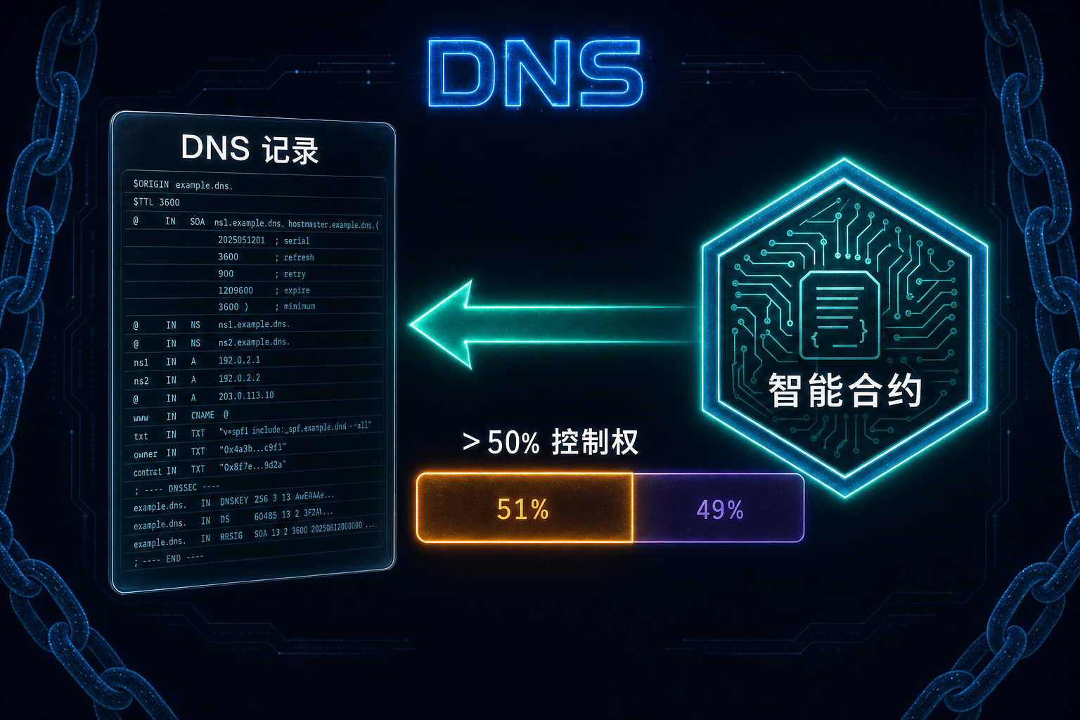 通过智能合约直接在链上管理 DNS 记录，碎片化多数持有者可获得域名控制权。