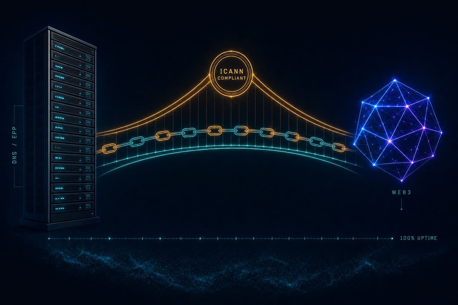 一座发光的桥梁连接传统 DNS 基础设施塔楼和区块链节点,ICANN 合规印章锚定在桥梁中央。