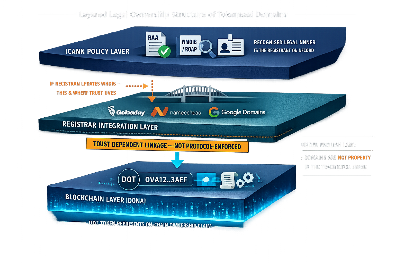 An anatomy diagram showing the layered ownership structure of tokenised domains  ICANN registrant re