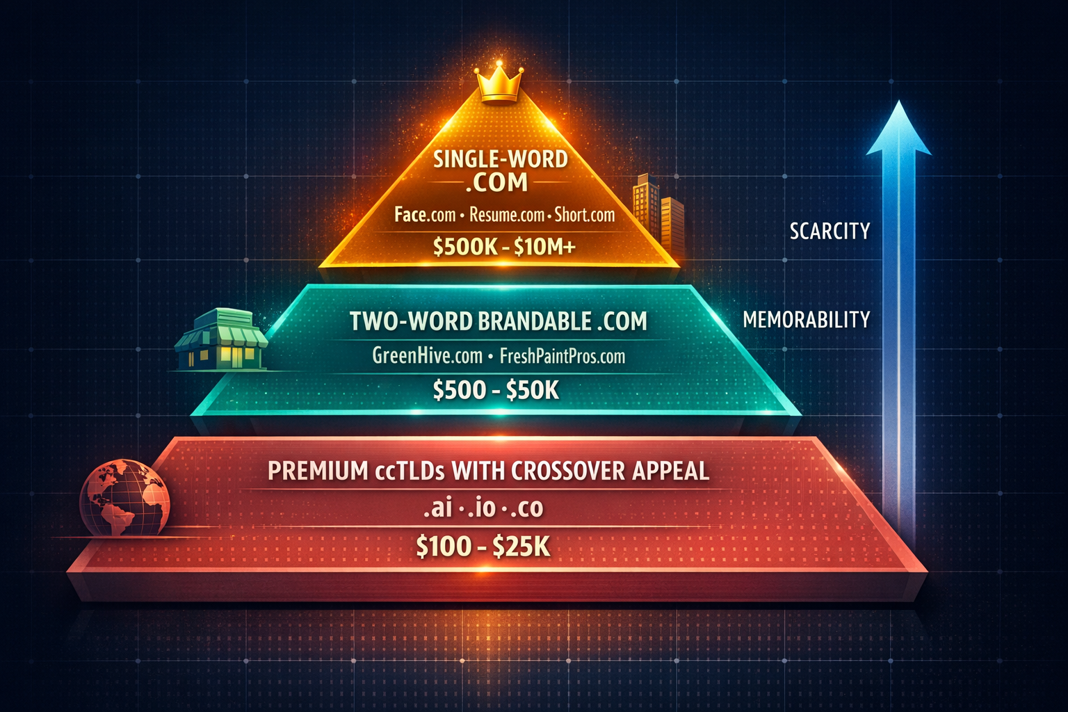 A vertical tiered pyramid showing the value hierarchy of domain types, from singleword com at the ap