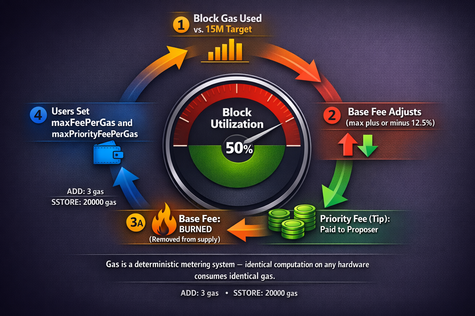 A circular feedback loop diagram showing how EIP1559 splits fees into burned base fee and priority t