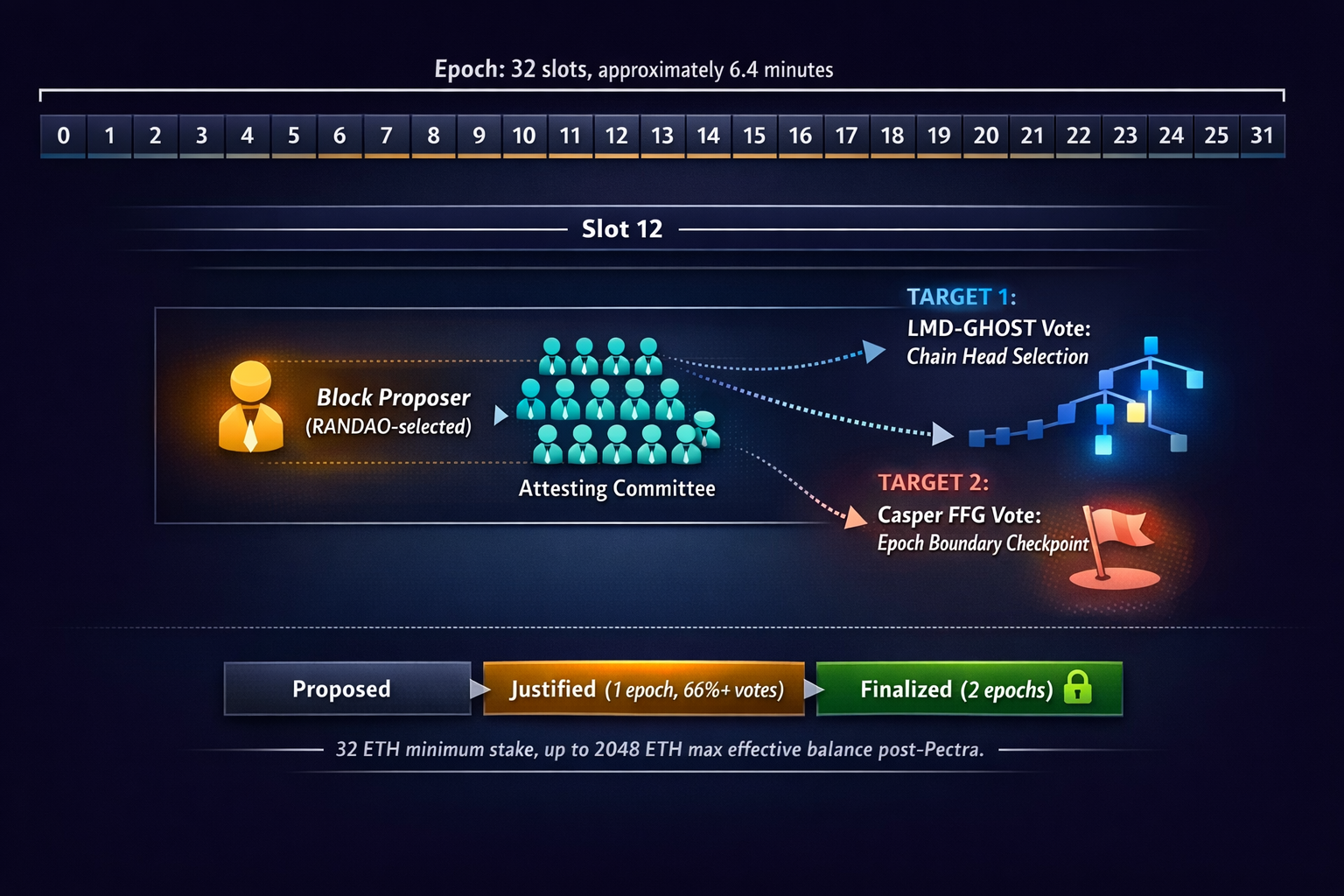 A timeline showing the slot and epoch time hierarchy with proposer and committee roles per slot, and