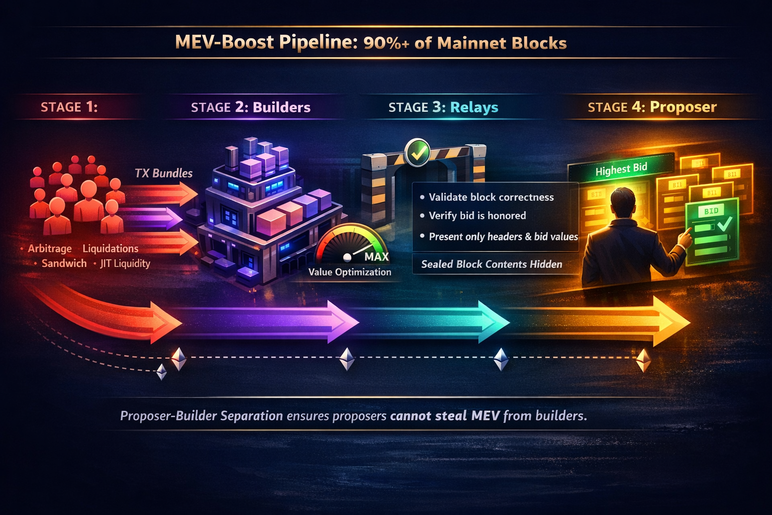 A lefttoright flow diagram tracing the full MEV supply chain from searchers constructing bundles thr