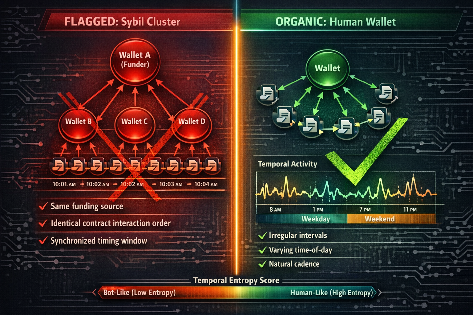 An anatomy diagram dissecting how cluster analysis and temporal entropy scoring mechanically disting