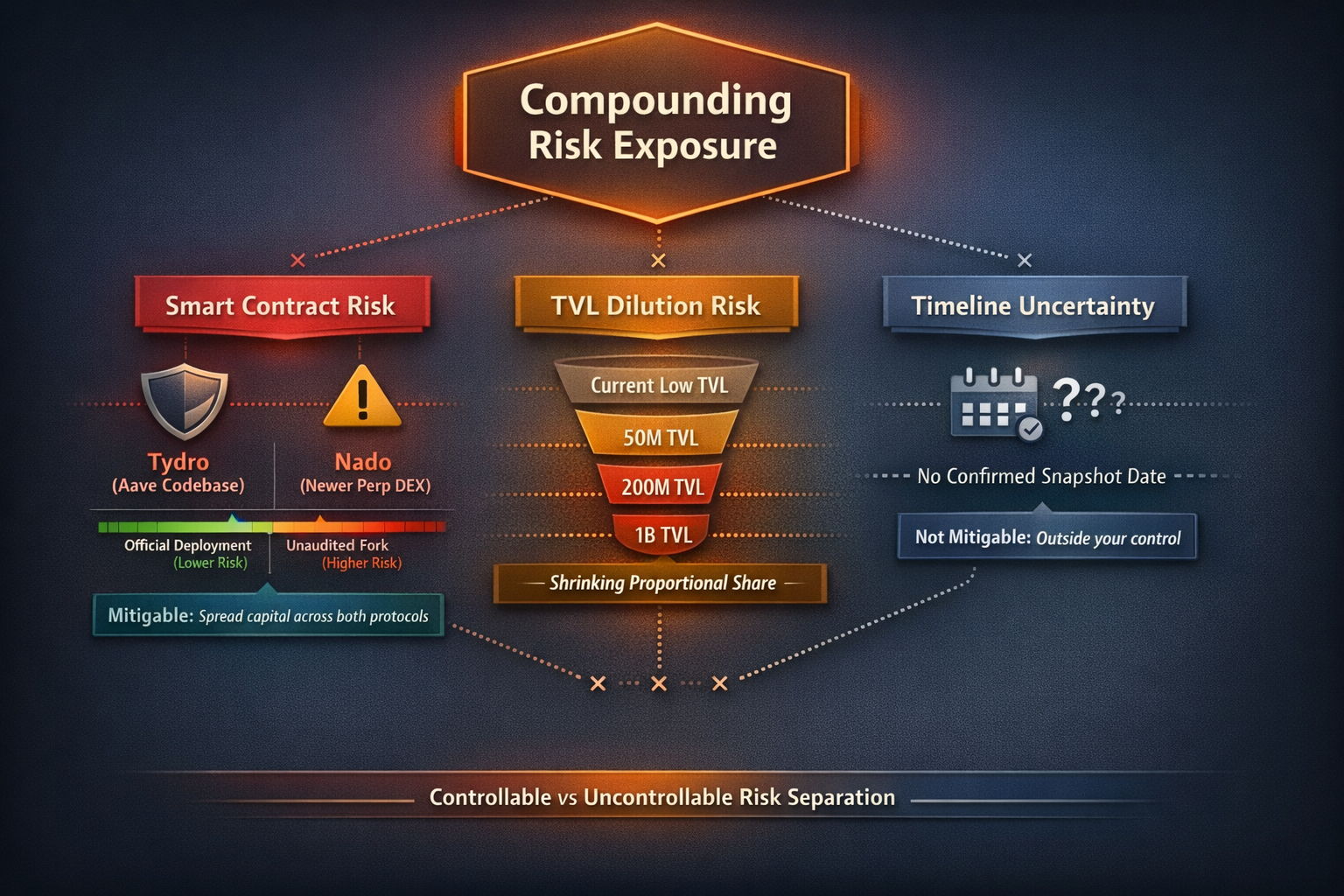 A hierarchical risk taxonomy showing how smart contract risk, TVL dilution risk, and timeline uncert