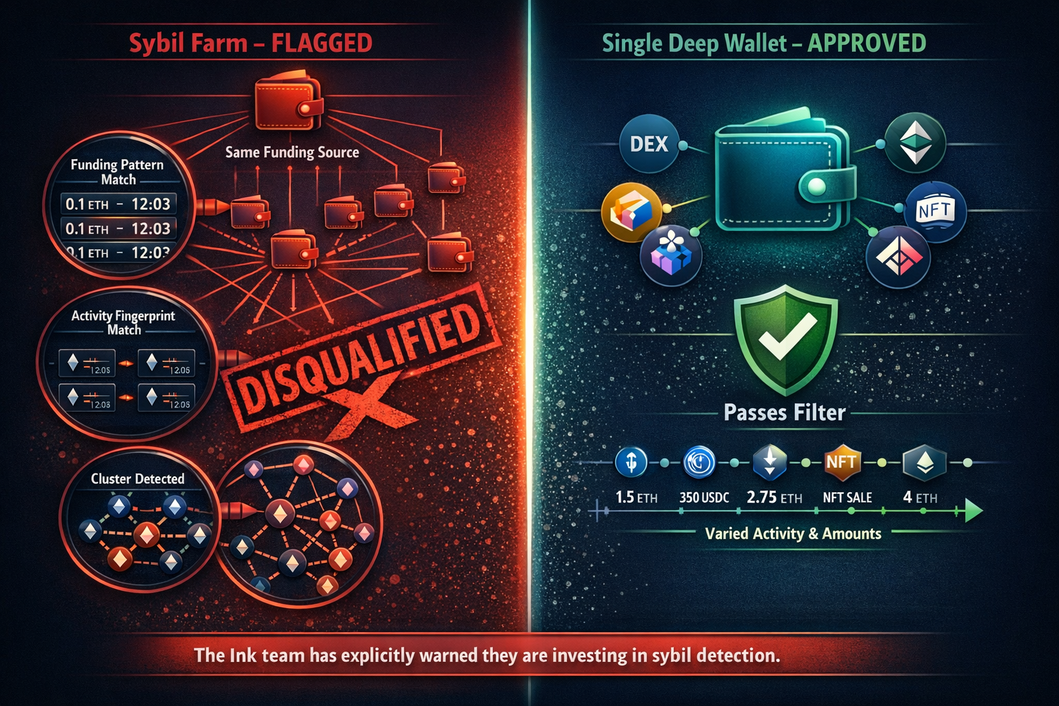 An anatomy diagram showing how sybil detection algorithms trace funding patterns, activity fingerpri
