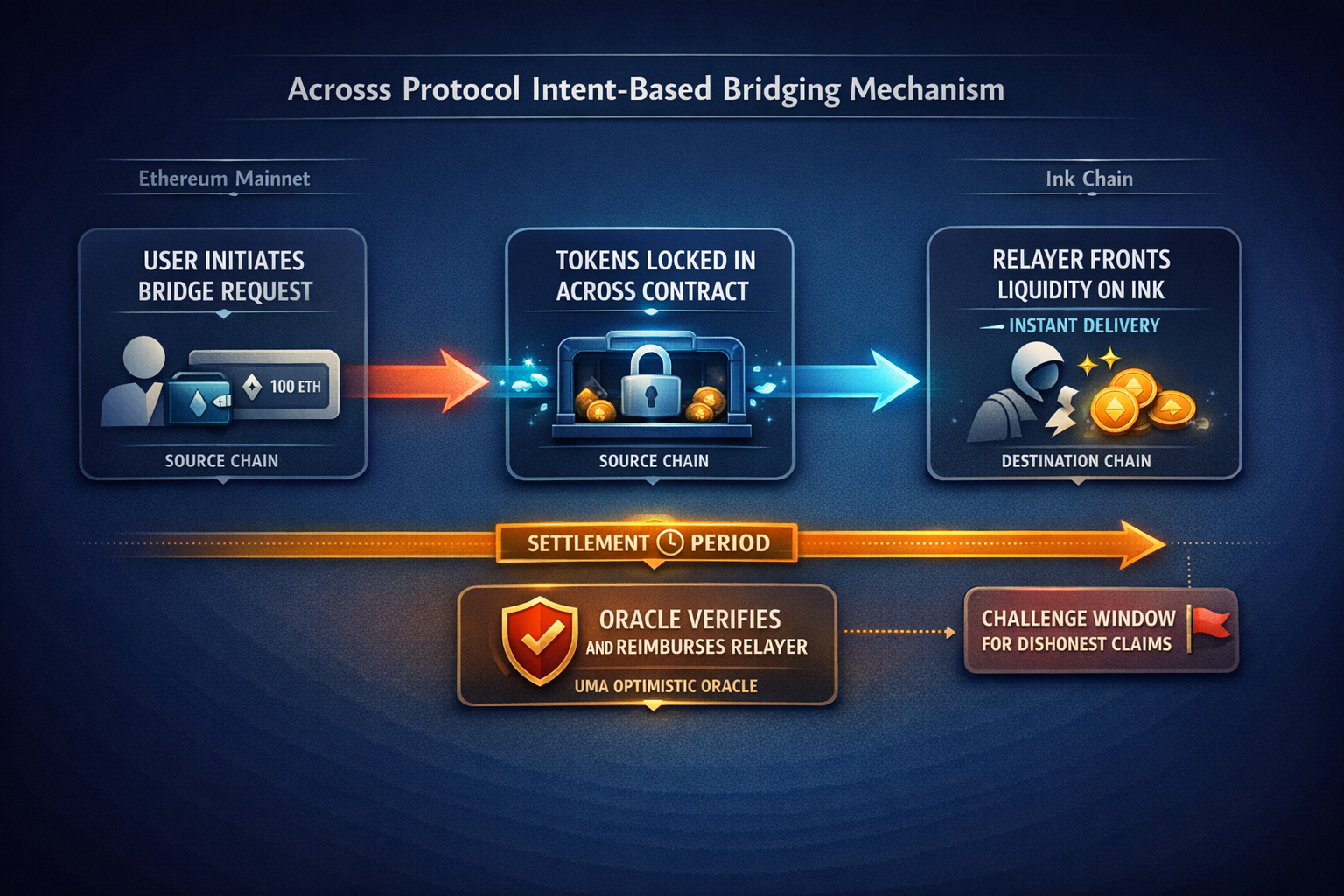 A stepbystep flow diagram showing the intentbased relay mechanism of Across Protocol  from user brid