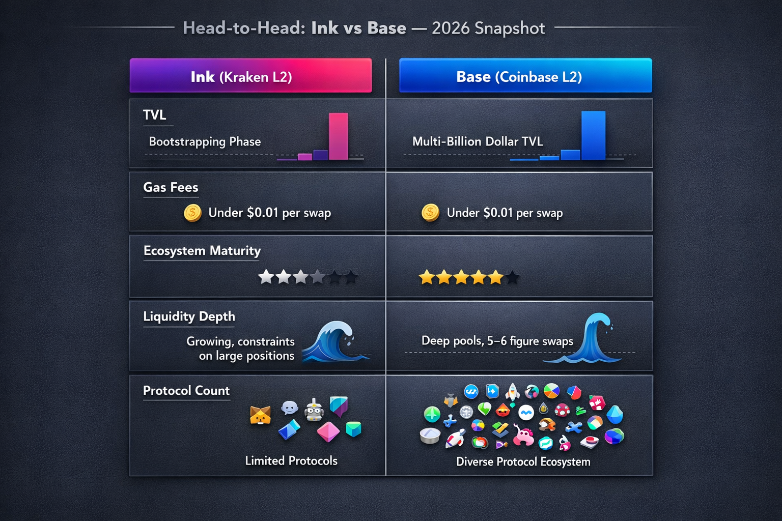 A structured sidebyside comparison card showing Ink versus Base across key metrics including TVL, ga