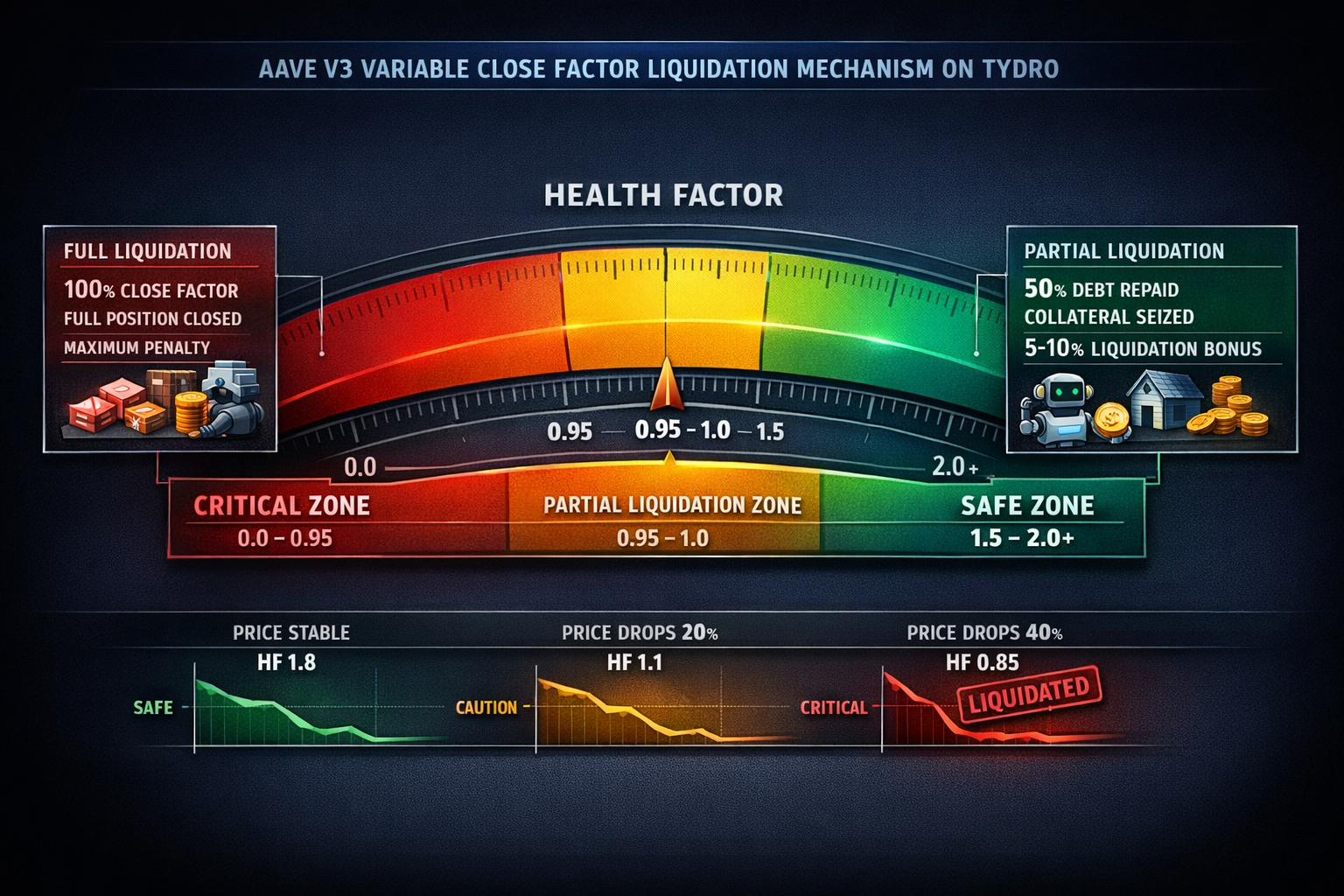 An anatomystyle breakdown of the variable close factor liquidation mechanism showing how different h