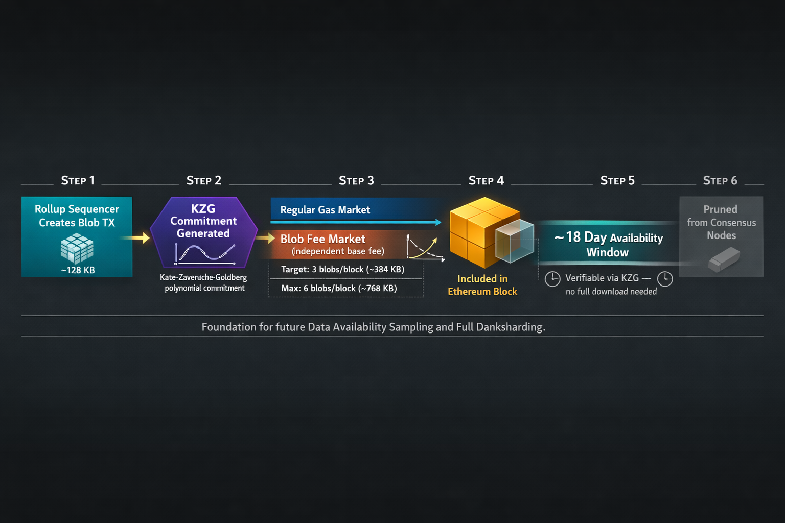 A sequential flow diagram tracing the lifecycle of a blob transaction from creation through KZG comm
