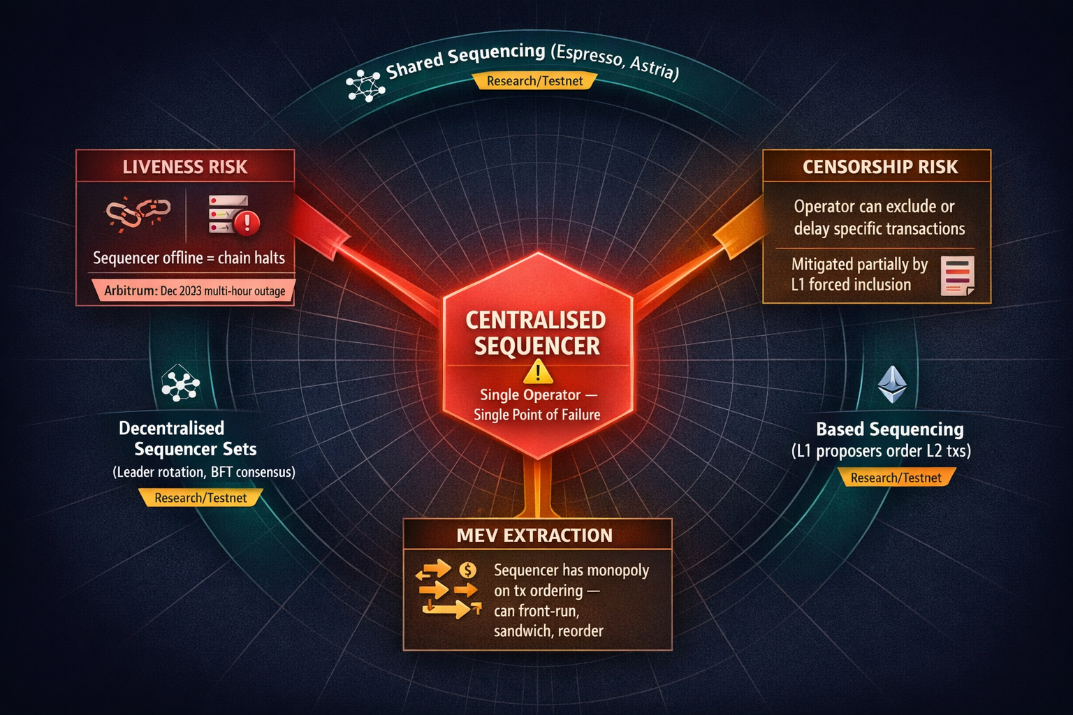 An anatomy diagram mapping three risk categories liveness failure, censorship, MEV extraction radiat