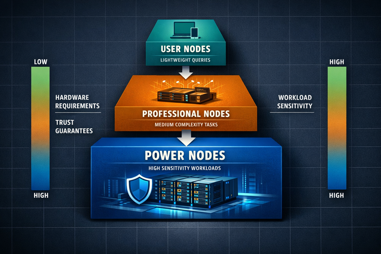 A threetier vertical hierarchy diagram showing Power Nodes at the base, Professional Nodes in the mi
