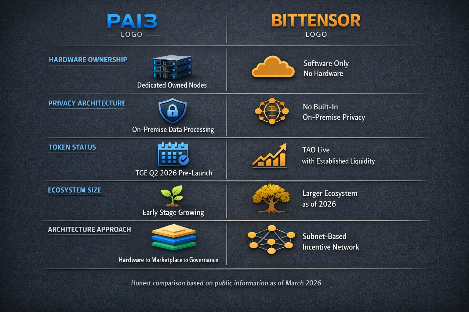 A sidebyside comparison table contrasting PAI3 and Bittensor across key dimensions including hardwar