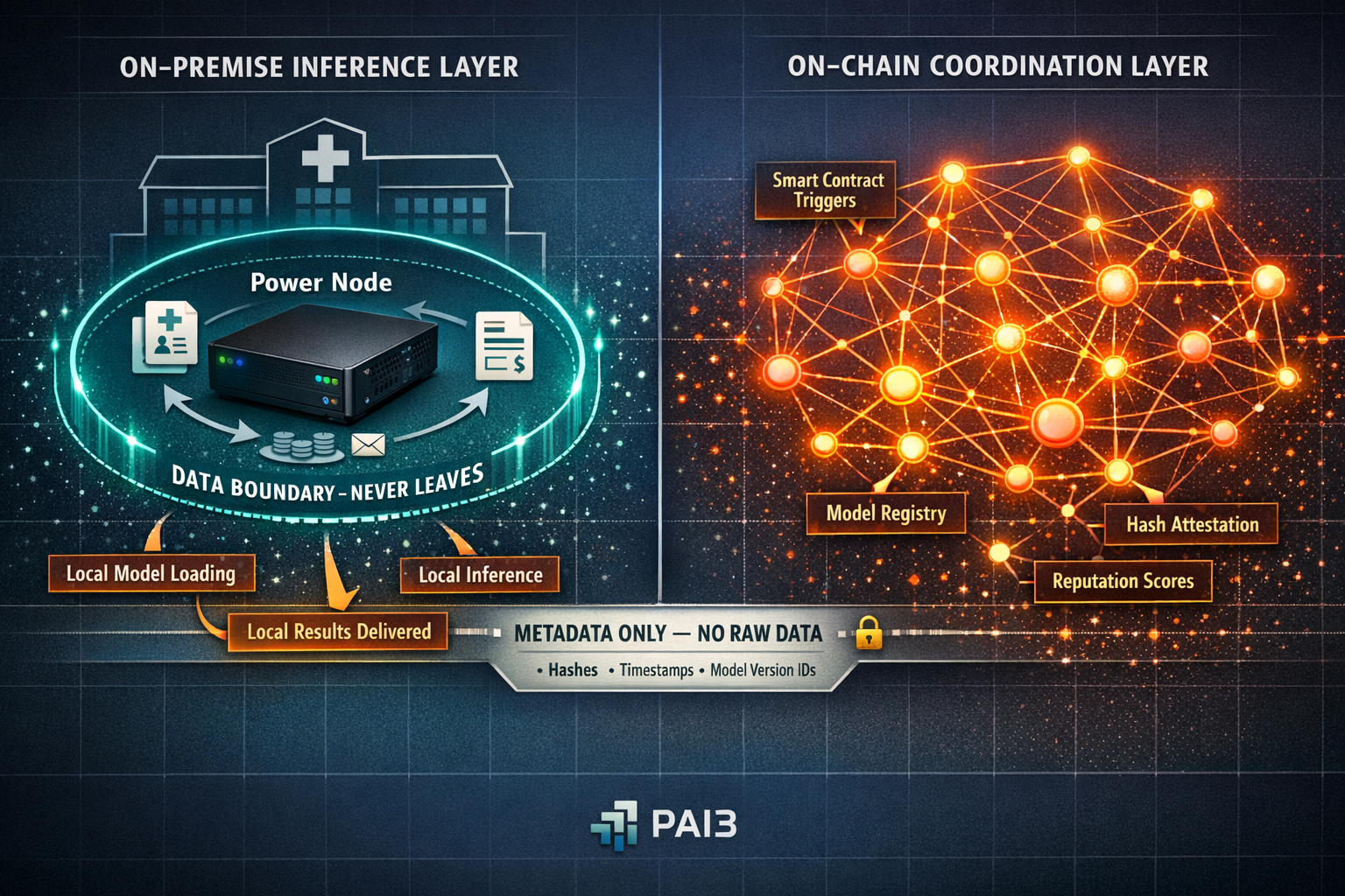 An anatomy diagram showing the twolayer split of PAI3 architecture onpremise inference where sensiti
