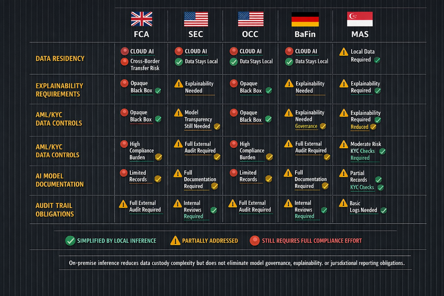 A structured comparison matrix showing how PAI3 onpremise inference addresses but does not fully eli