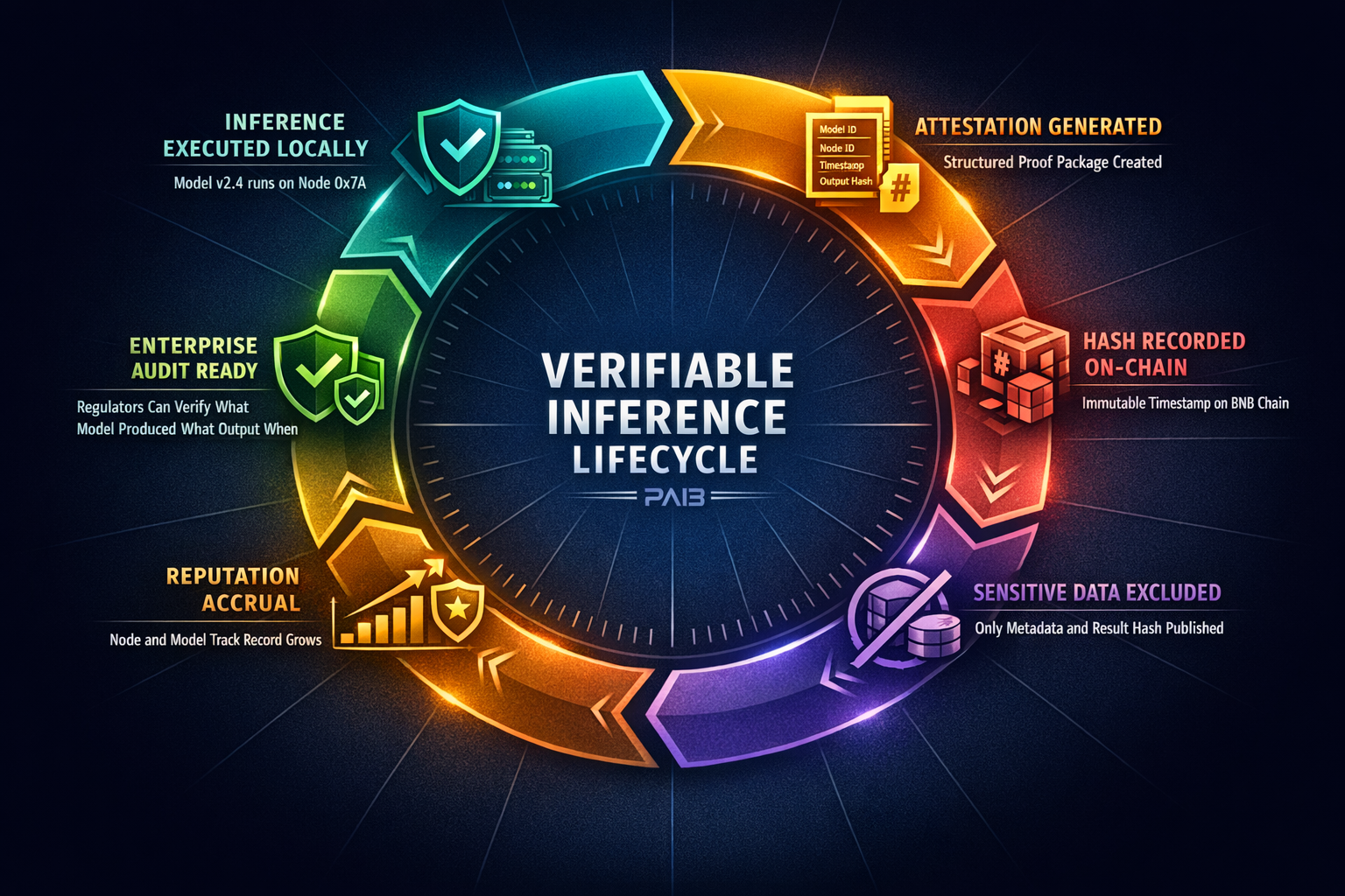 A lifecycle cycle diagram tracing a single AI inference from local execution through onchain attesta