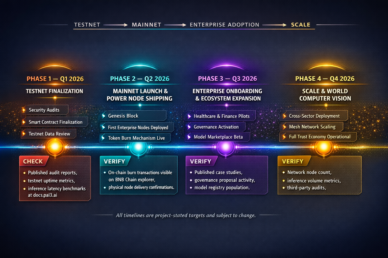 A sequential timeline of the four remaining 2026 roadmap phases for PAI3, showing key milestones, de