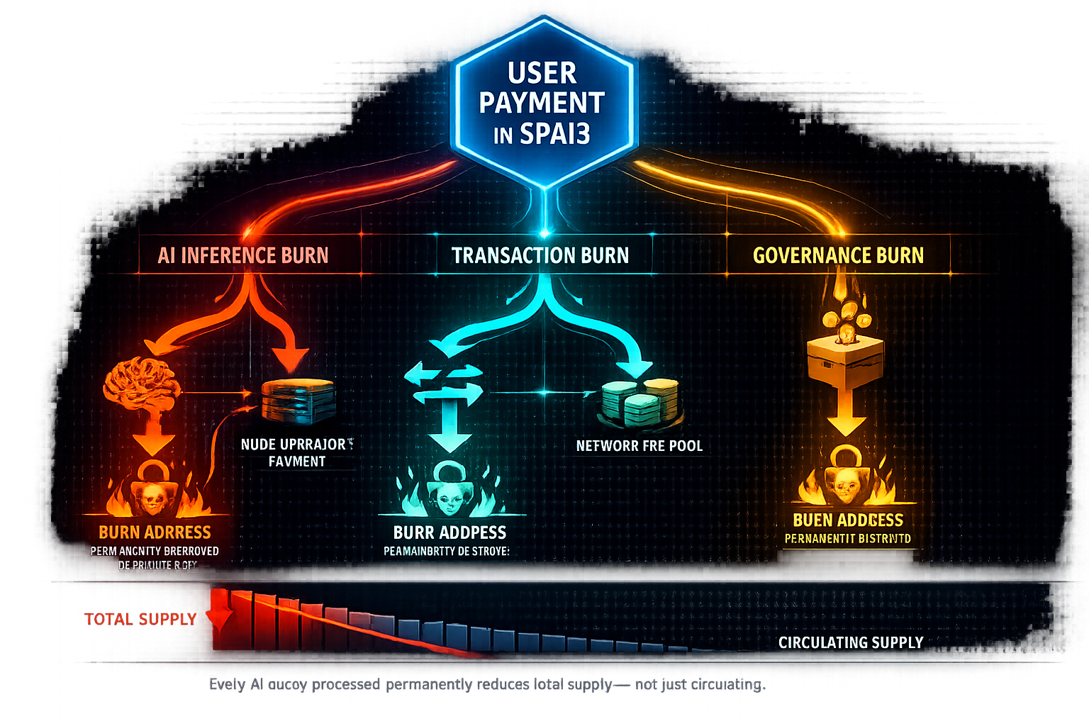 A flow diagram showing how a single PAI3 payment splits into three distinct burn pathways  inference