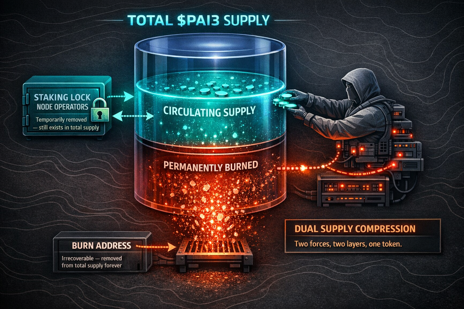 An anatomystyle crosssection diagram showing dual supply compression  staking removing tokens from c