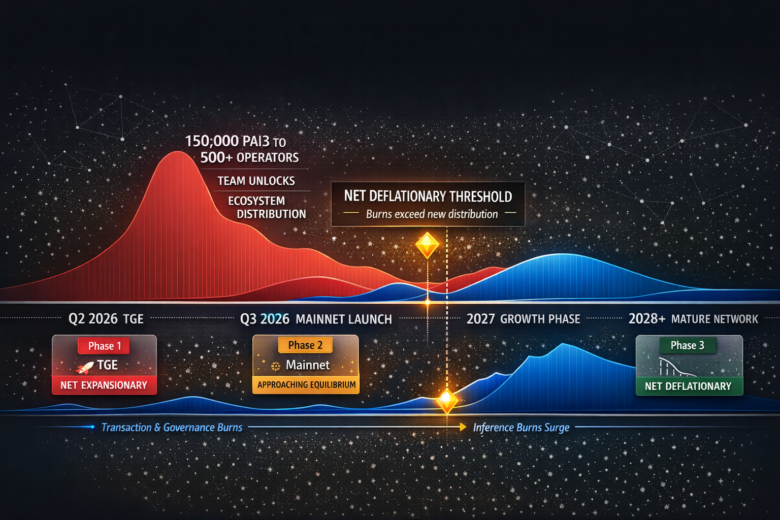A horizontal chronological timeline mapping PAI3 supply phases from TGE through mainnet and beyond,