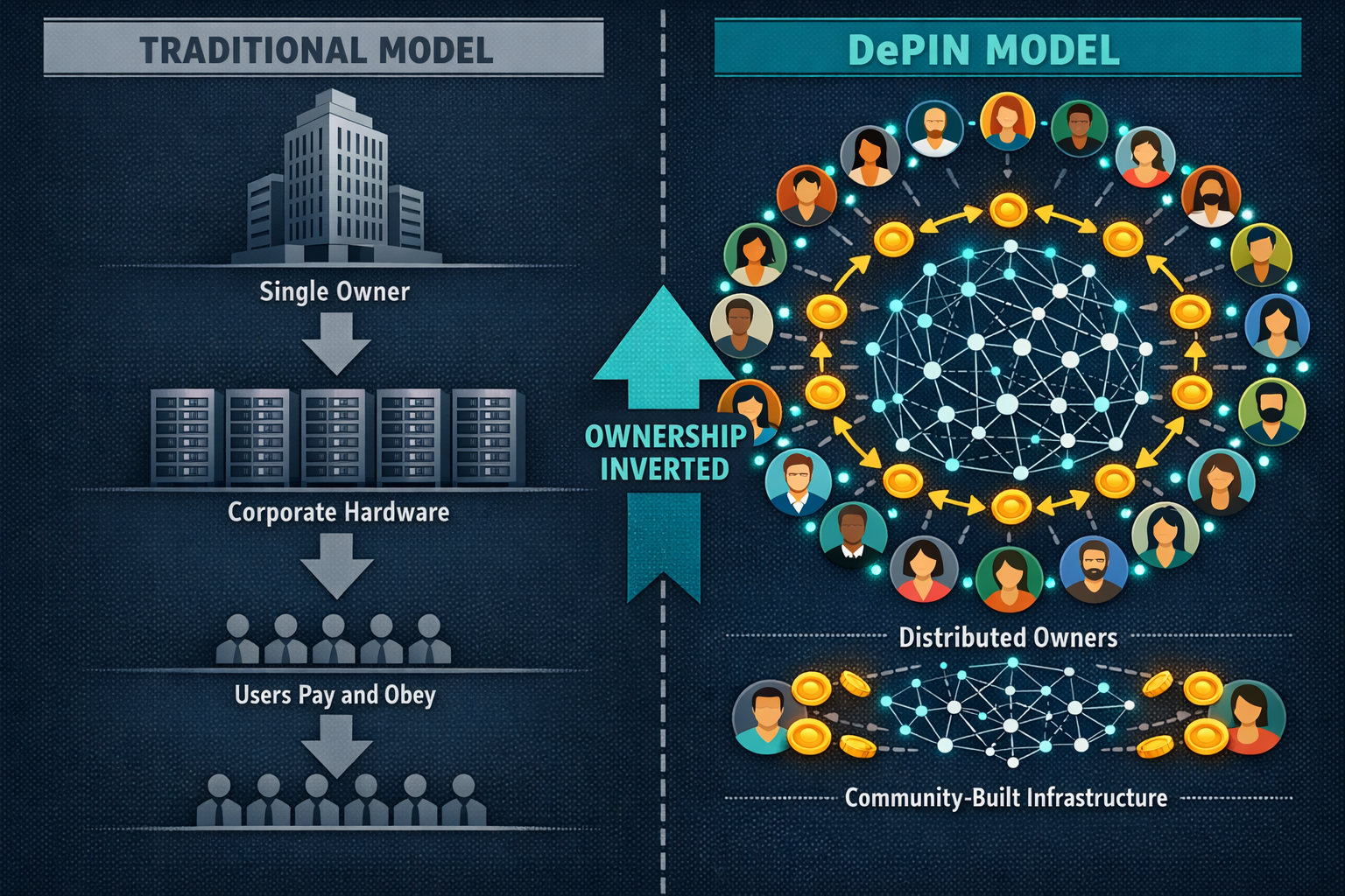 A sidebyside structural comparison contrasting the traditional topdown corporate infrastructure mode