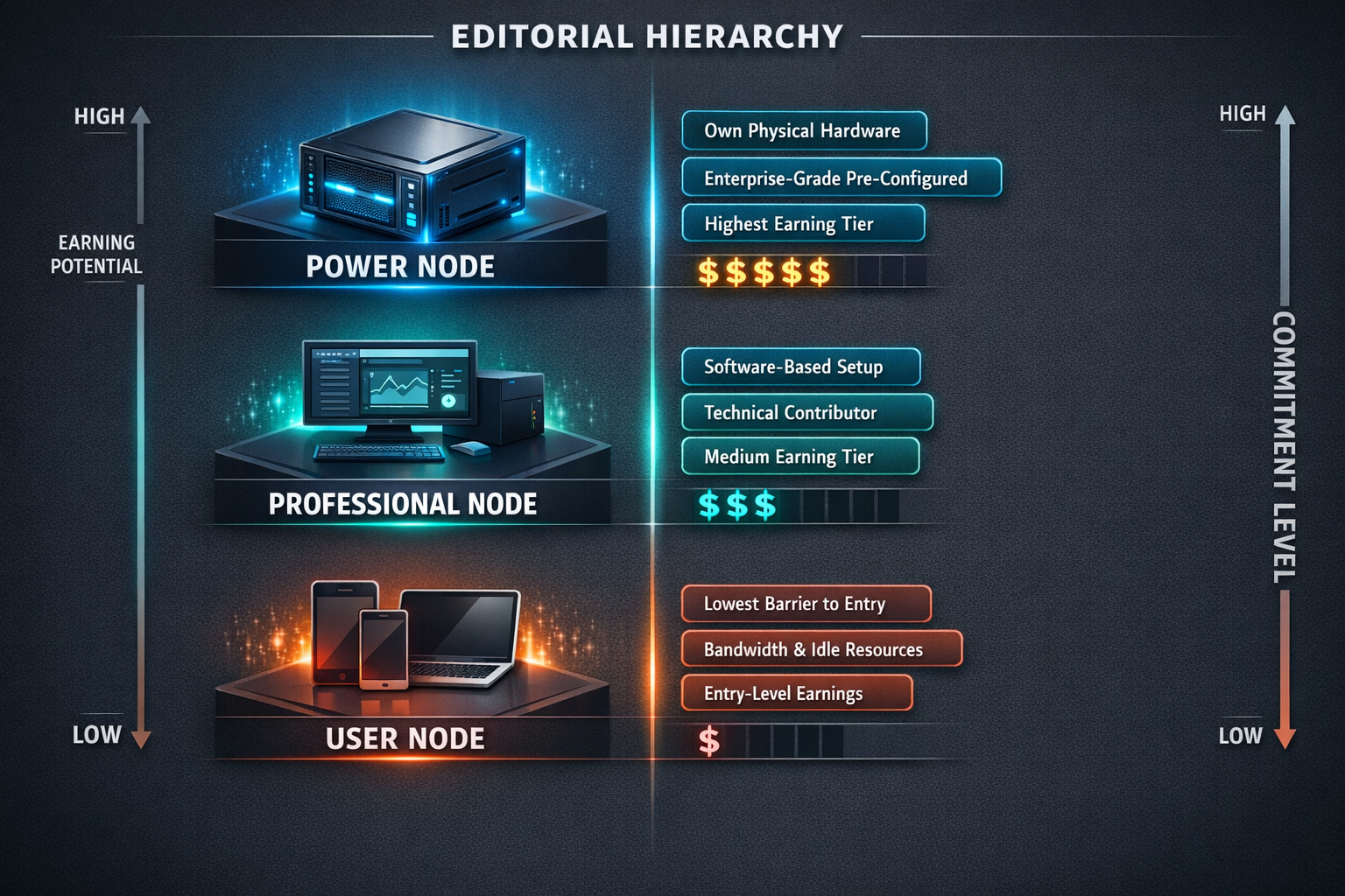 A threetier visual hierarchy showing Power, Professional, and User nodes with their distinct roles,