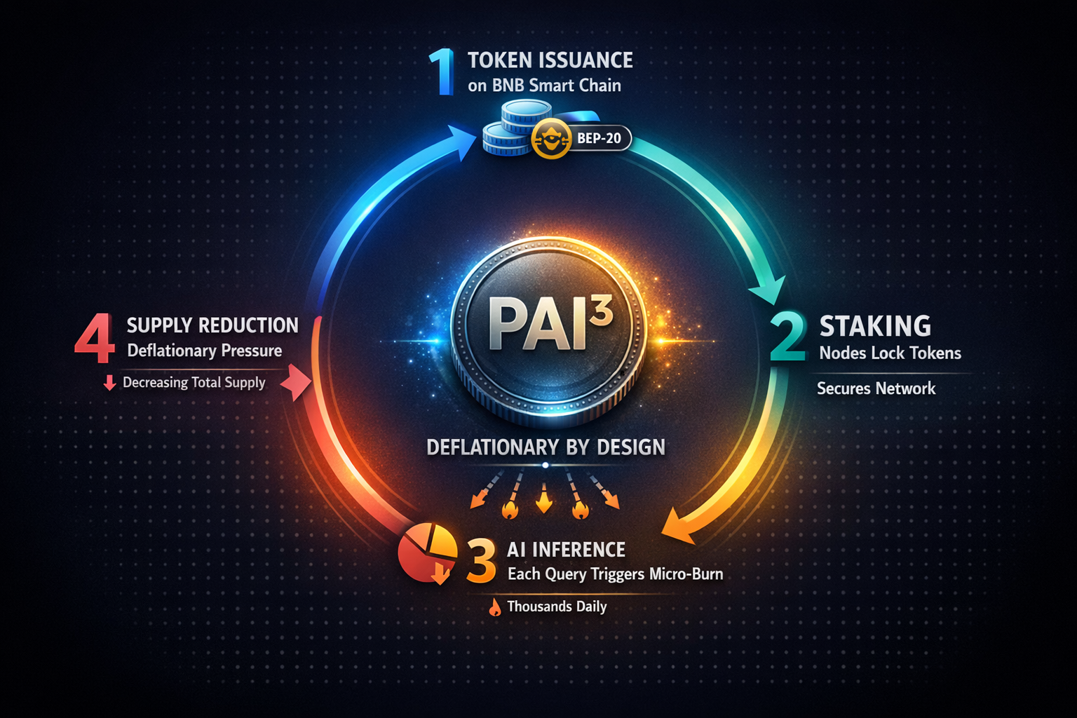 A circular lifecycle diagram tracing a PAI3 token from issuance through staking, inference microburn