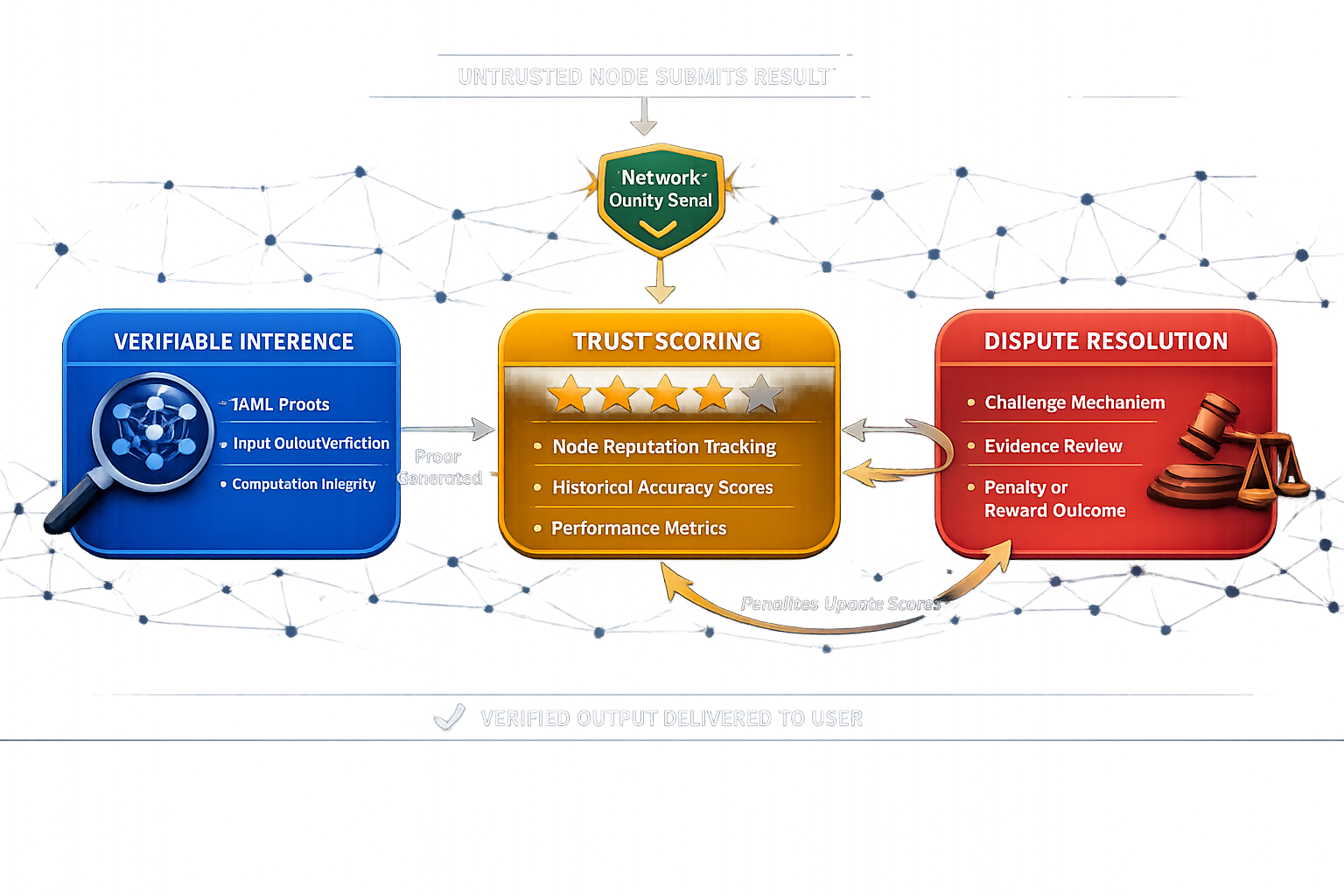 A threecomponent verification pipeline flow diagram showing verifiable inference, trust scoring, and