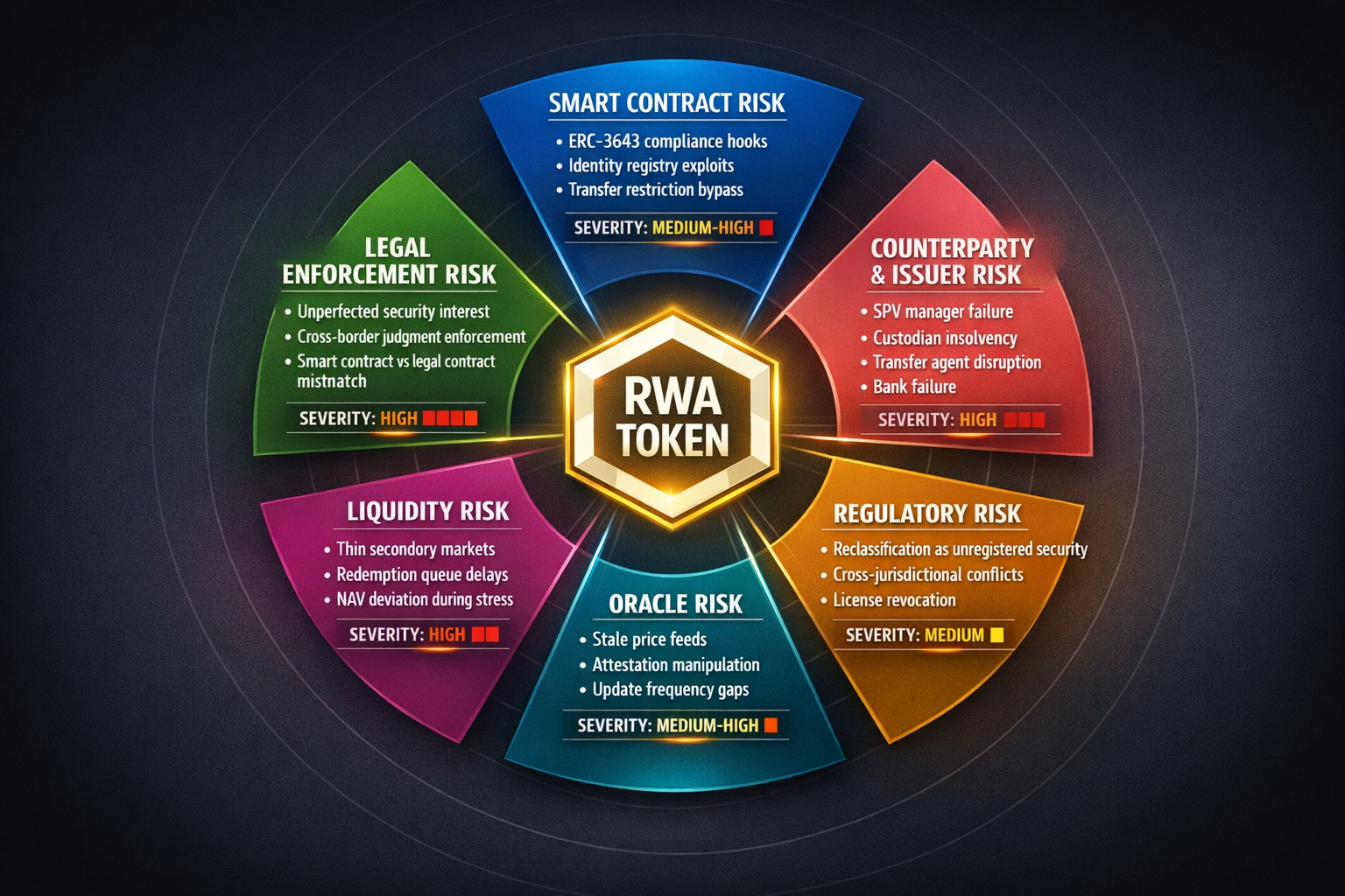 An anatomystyle risk map with a central RWA token surrounded by six distinct labeled risk layers arr