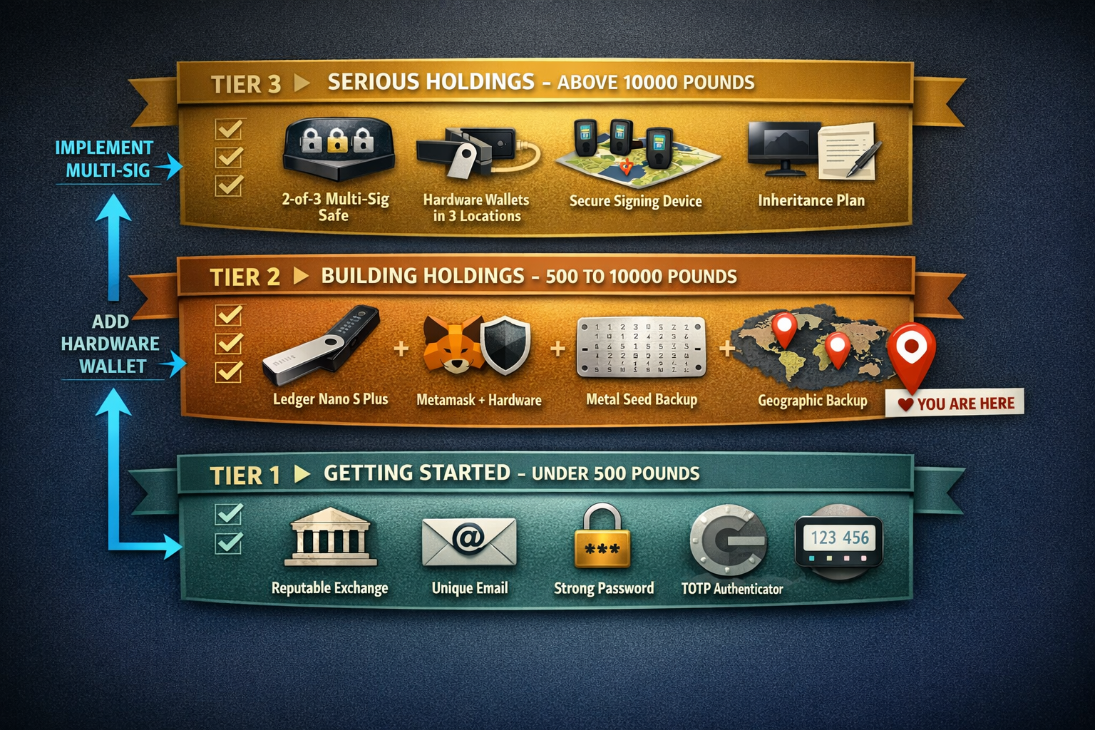 A threetier hierarchy showing security tools, custody methods, and backup strategies scaled by holdi
