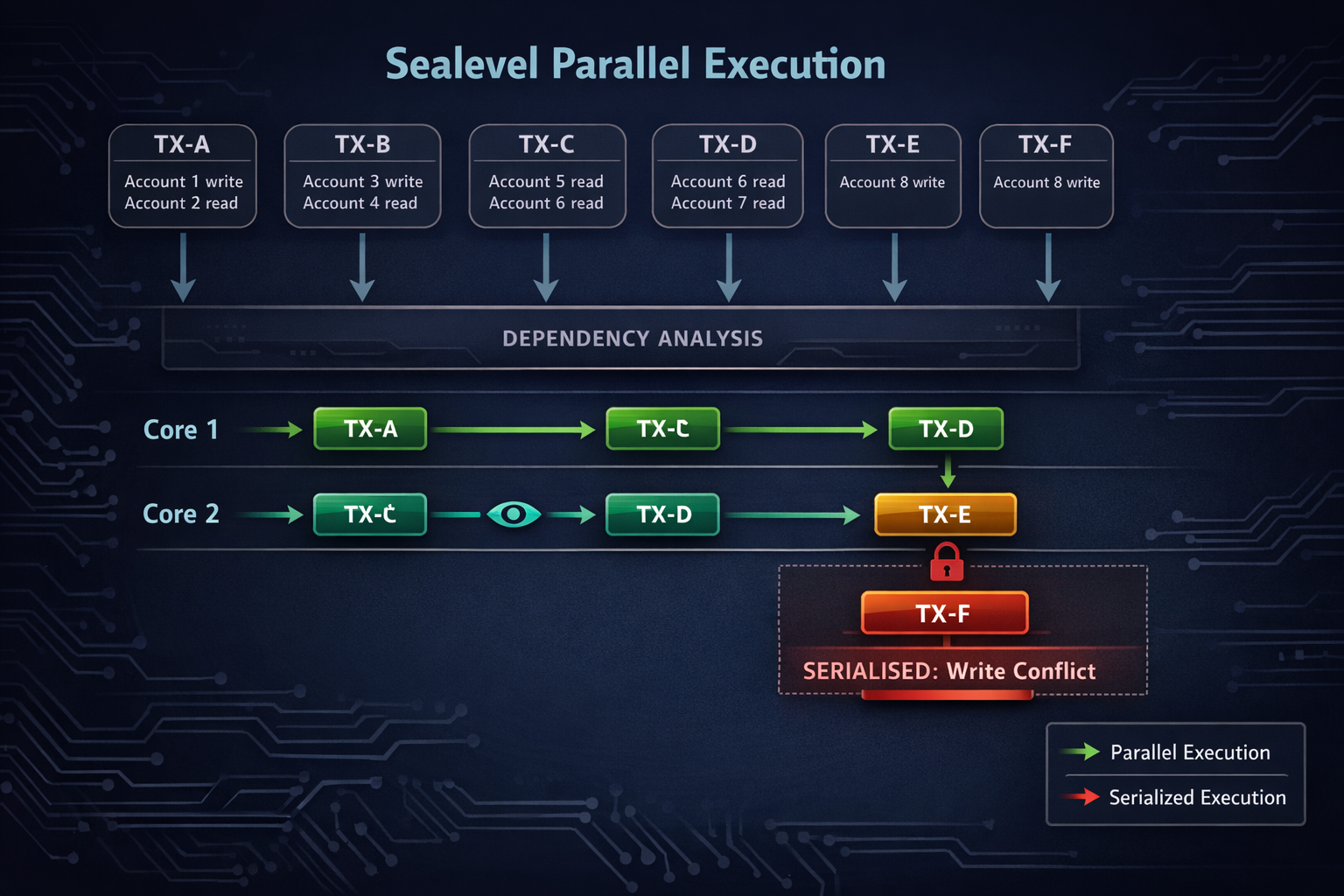 A dependency graph built from declared account sets showing which transactions run in parallel on se